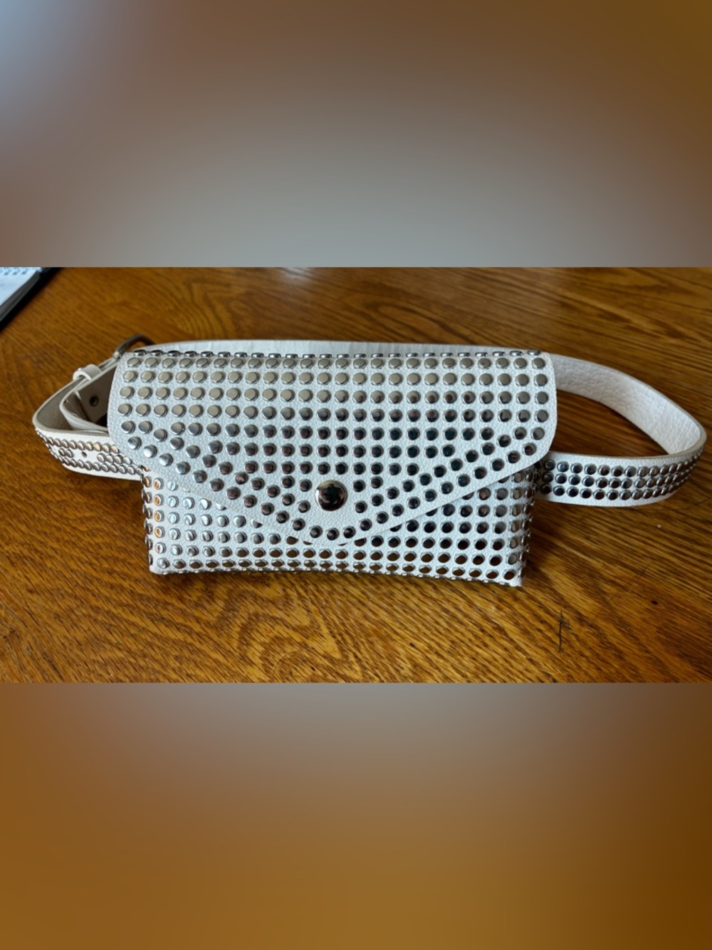 White Vegan Leather Clutch Belt & Bag w/Silver Studded Details